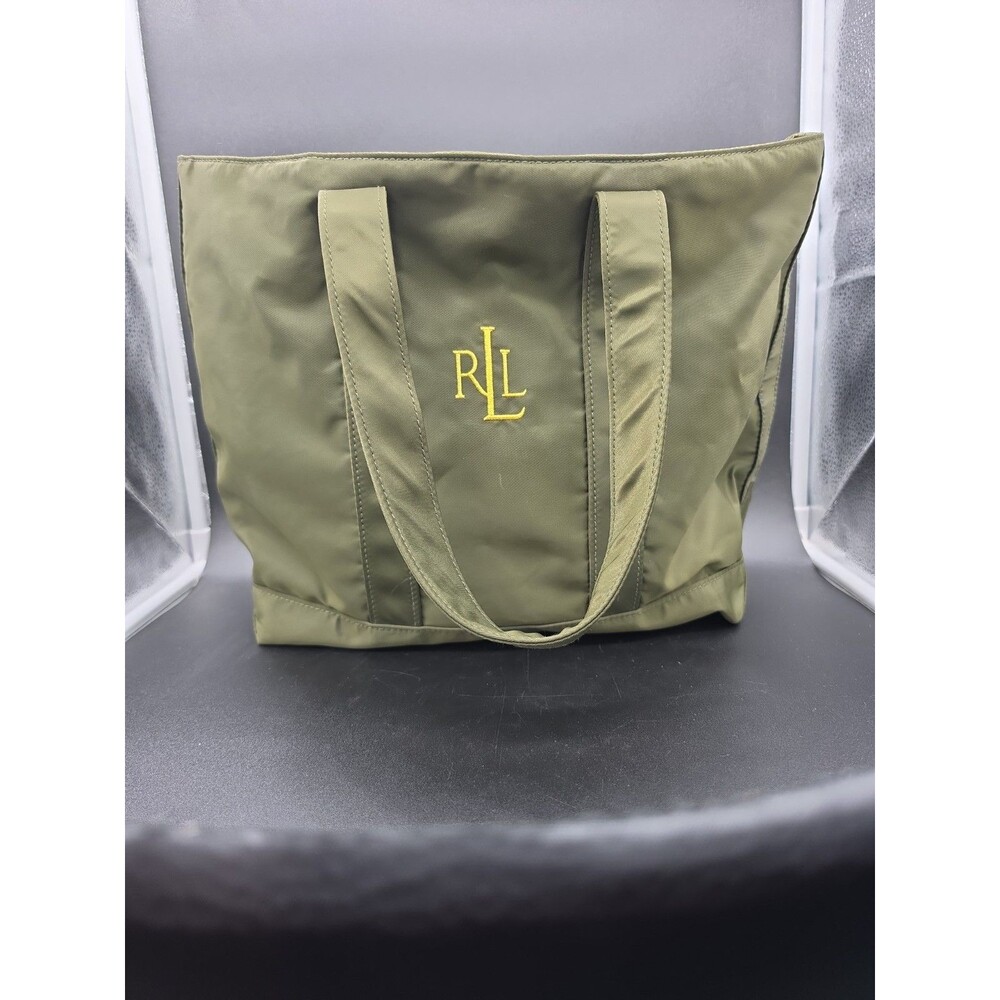 Lauren Ralph Lauren Nylon Tote Bag Olive Green Gold Embroidered RLL Logo Purse